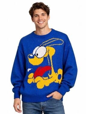 Vintage 1978 RARE Odie Garfield Sweater LG Blue Graphic Knit Double-Sided Unisex
